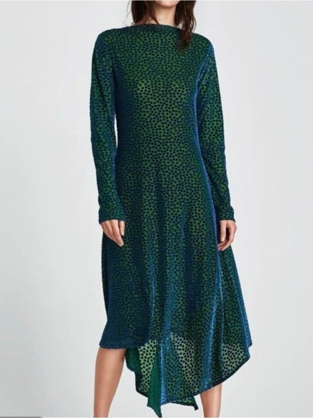Green Velvet Polka Dot Long-Sleeve Midi Dress Zara